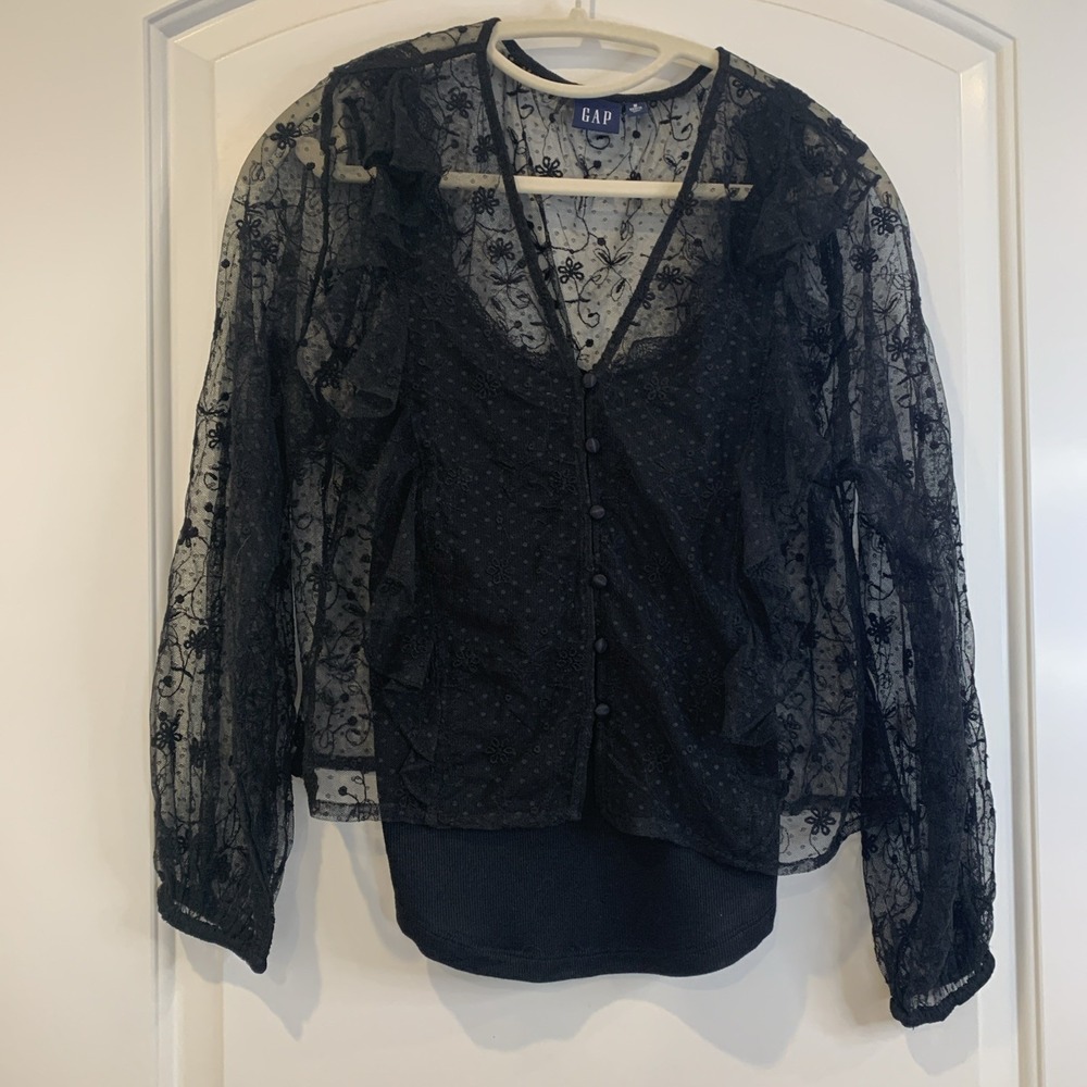 GAP Black Lace Ruffle Top With Tank Petite Med Witchy Goth Romantic